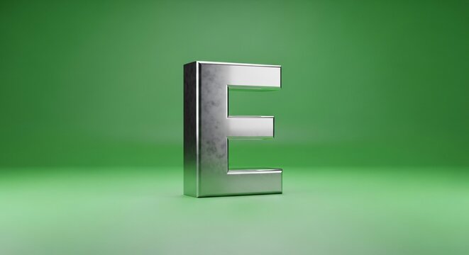 A silver letter e standing upright against a blurred green background in a studio setting simple design