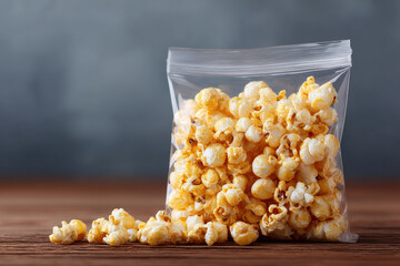 Aufkleber - A bag of popcorn sits on a wood table against a dark background, perfect for a snack. The popcorn is fresh and ready to be eaten!