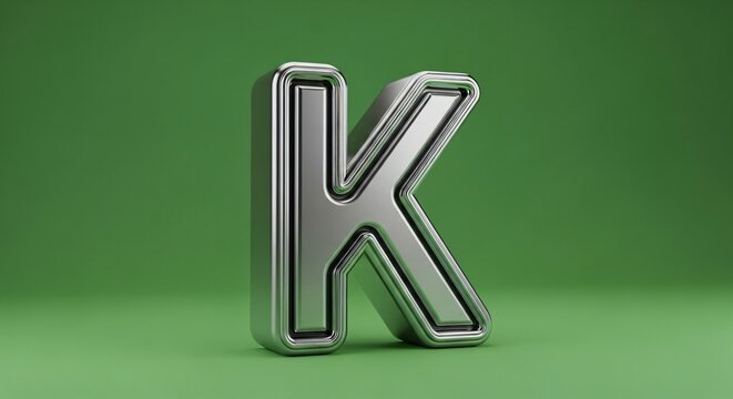 A shiny silver letter k standing upright against a solid green background in a studio setting view
