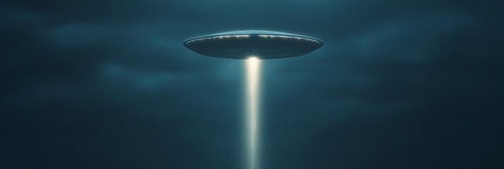 Poster - Unidentified flying object hovering in the night sky, emitting a powerful beam of light and creating a mysterious atmosphere with implications for extraterrestrial exploration