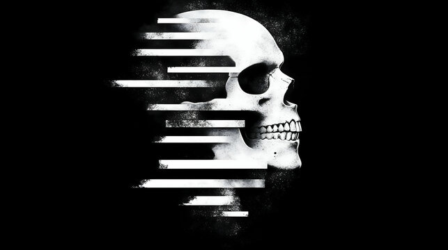 Digital skull, motion blur, dark background, graphic design
