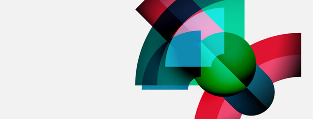 Poster - Abstract colorful shapes overlap, creating dynamic composition. Green sphere dominates center, surrounded by red, blue hues. Minimalist design.