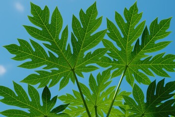 Poster - Stunning view of papaya leaves against a bright sky backdrop