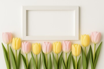 Aufkleber - Beautiful arrangement of pastel-colored tulips with a white frame on a clean background, perfect for spring celebrations and festive greetings. Flat lay, top view, blank space.