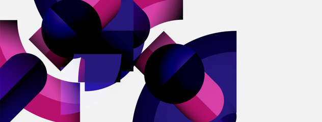 Poster - Abstract geometric shapes, purple hues dominate composition. Circles, squares overlap creating dynamic visual effect. Modern design.