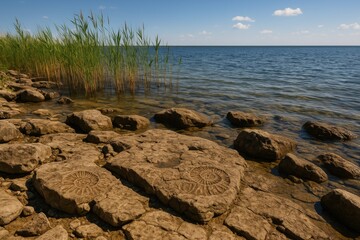 Poster - Ancient fossils found along the rocky lakeshore with reeds in a prehistoric landscape