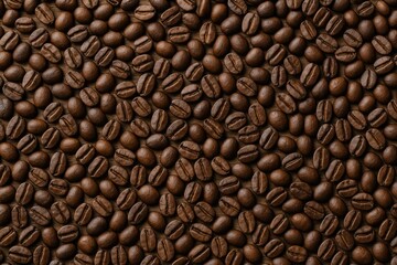 Aufkleber - Coffee beans in a roasted state with a coffee-themed backdrop from a top-down perspective on a wooden surface