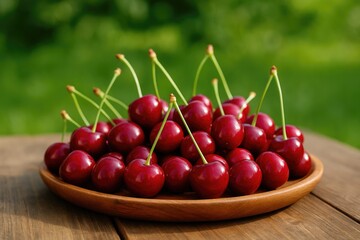 Poster - Juicy red cherries displayed on a wooden surface in an outdoor setting, highlighting fresh and ripe summer berries.