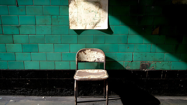 A Vintage Chair Against a Turquoise Tiled Wall with a Weathered Paper Above