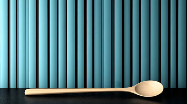 Conceptual rendering of a wooden spoon against vertical teal geometric panels