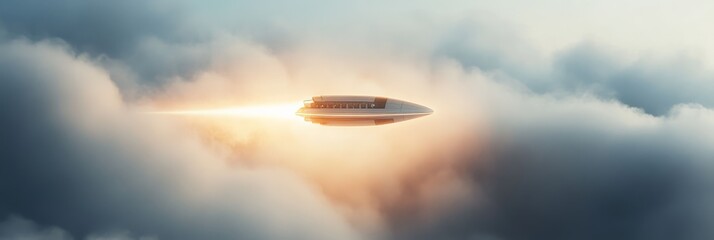Aufkleber - Futuristic spaceship soaring through vibrant clouds at sunset. Journeying across the universe with cutting edge technology and strikingly innovative design. Embodies the essence of cosmic exploration
