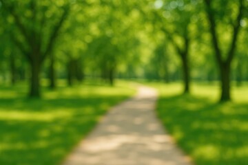 Poster - Tranquil Forest Trail with Soft-Focused Verdant Scenery Ideal for Relaxing Strolls and Nature Escapes