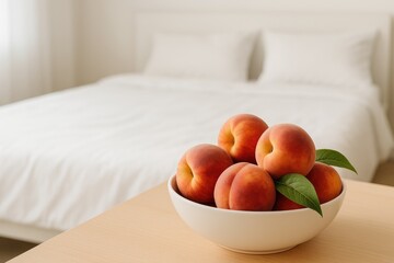 Aufkleber - Colorful assortment of ripe fruits served on a table beside a minimalist bedroom setting. Healthy living inspiration. Web header for a lifestyle site.