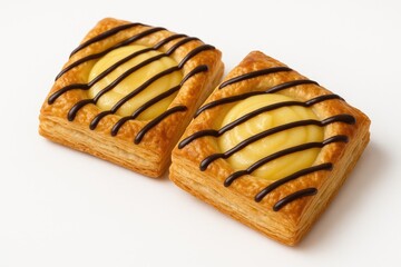 Poster - Two delightful sweet treats featuring creamy custard. Puff pastry squares filled with vanilla pudding and topped with chocolate drizzle. Isolated on a white backdrop.