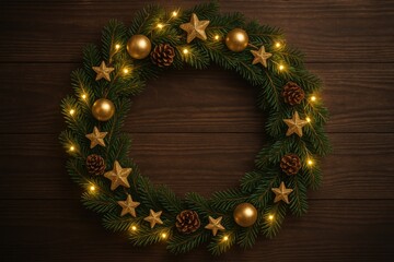 Aufkleber - Festive Greeting Theme: Holiday Wreath with Sparkling Lights on Rustic Wooden Surface