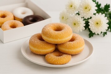 Poster - Assorted sugared donuts arranged on a plate next to a chrysanthemum flower