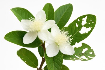 Poster - Caterpillars damage the leaves of a guava plant with blossoming flowers