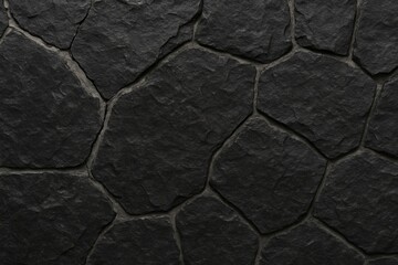 Poster - Detailed view of a rugged decorative stone wall featuring black stone and textured surface with visible cracks and gray cement joints