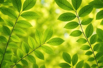 Poster - Detailed perspective of vibrant green foliage illuminated by sunlight, showcasing a serene and refreshing natural scene