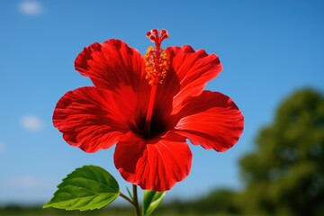Poster - Vivid red blossom against a clear azure sky with lush green foliage