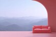 © AI Petr Images - Pink pastel sofa perched on surreal balcony, serenely overlooking misty mountains; embodies Zen tranquility and Sofa Fort Day