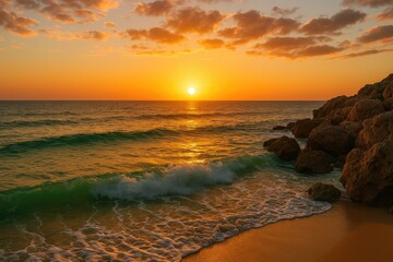 Wall Mural - Sunset over the ocean with crashing waves and rugged shoreline