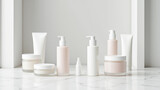 group of white cosmetic bottles and jars on a marble counter, with a wall in the backgroun