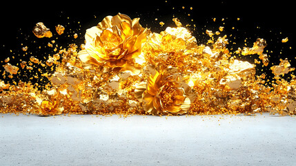 Golden roses exploding on white surface, black background
