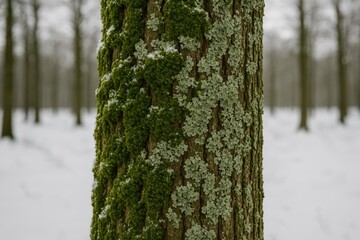 Poster - Winter scene of a tree covered with green moss and lichen in a forest