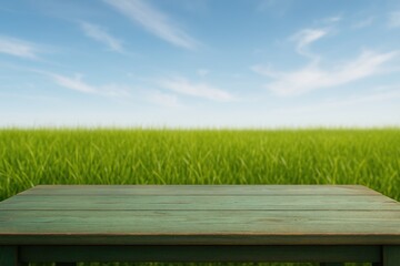 Poster - Vintage wooden desk setup with a green background during springtime