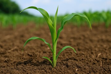 Poster - Fresh green corn emerging in the field with young stalks and sprouting plants