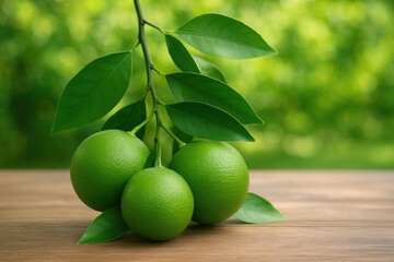 Poster - Vivid green oranges hanging from a branch