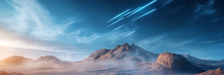 Aufkleber - Meteors are streaking across a vibrant alien sky, illuminating a breathtaking mountainous landscape bathed in the ethereal glow of a distant sun, creating a mesmerizing scene of cosmic wonder
