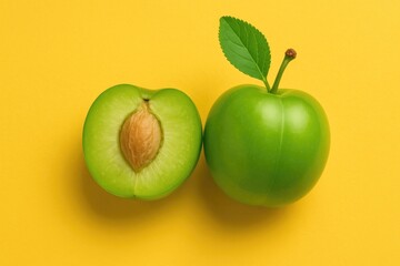 Poster - Vibrant yellow backdrop featuring a green cherry plum, ideal for tkemali sauce preparation. A nutritious and tasty fruit with a sweet and sour flavor, perfect for diet-friendly dishes.