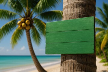 Aufkleber - Wooden sign painted green attached to a coconut tree