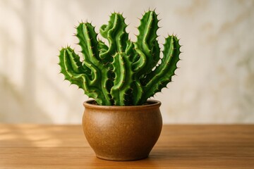 Poster - Lush cactus planted in a brown container placed on a table illuminated by natural sunlight with a softly blurred background