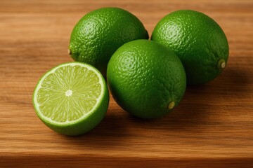 Poster - Close-up of fresh green limes on a wooden surface
