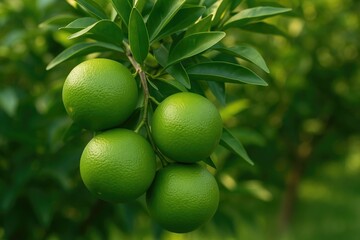 Aufkleber - Vivid green oranges growing on a branch of a fruit tree