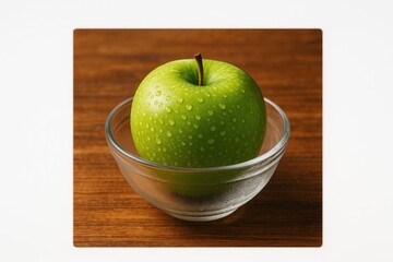 Poster - Fresh green apple displayed in a glass bowl on a rustic wooden surface