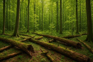 Poster - Lush woodland scene featuring fallen trees and emerging greenery
