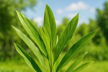 Poster - Vibrant green galangal foliage set against a scenic natural backdrop