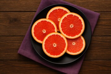 Poster - Juicy citrus wedges arranged on a dark plate with a purple cloth and wooden surface