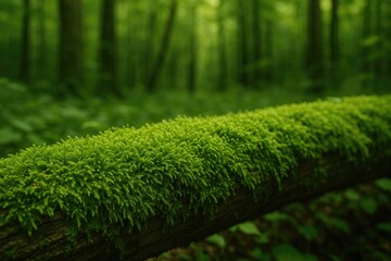 Poster - Vibrant moss covering a fallen tree in a dense woodland