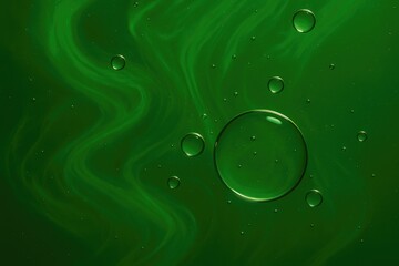 Poster - Vivid green backdrop featuring floating plastic oil bubbles on a water surface with a smoky design