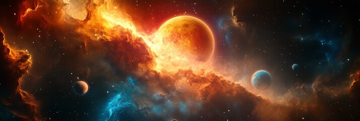 Aufkleber - Bright nebulae illuminating planets in the vastness of deep space, creating a breathtaking cosmic scene filled with vibrant colors and a mesmerizing starry backdrop