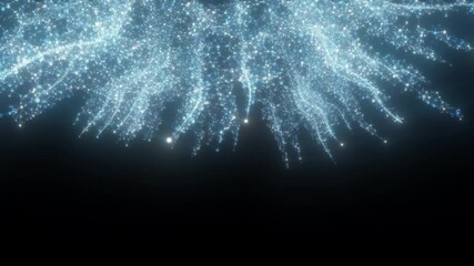 Poster - 4k 3D animation of blue particle streams flowing downward with glowing light trails on a dark background. Ideal for technology, futuristic, hi-tech and luxury motion backgrounds.

