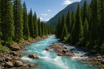 Wall Mural - converging mountain streams with vibrant turquoise waters amidst lush green pine forests and rocky t