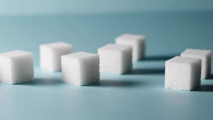 Poster - White sugar cubes gradually isolate themselves from a group on a seamless light blue background, symbolizing sugar reduction or a sugar free lifestyle