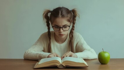 Poster - Schoolgirl wearing eyeglasses and pigtails is carefully reading a textbook placed on a wooden desk with a green apple next to it, expressing concentration and focus in her education