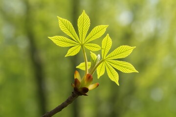 Poster - Springtime scene of a horse chestnut with fresh green leaves and blooming buds, perfect for phone screensavers. Nature's renewal in full bloom.